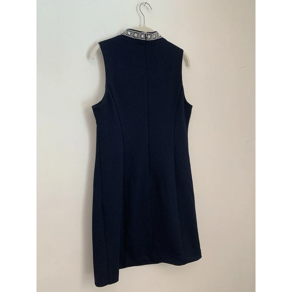 Pappagallo Sheath Dress Sz 10 Navy Blue White Lace Trim Sleeveless Career Preppy - Picture 6 of 10